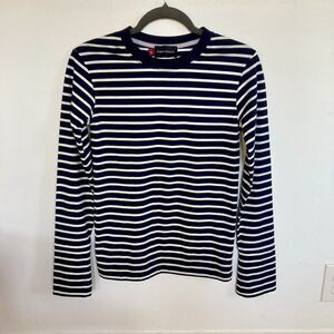 Misha Nonoo Navy/White Striped Long Sleeve Crew Neck Top Cotton/Rayon Blend S